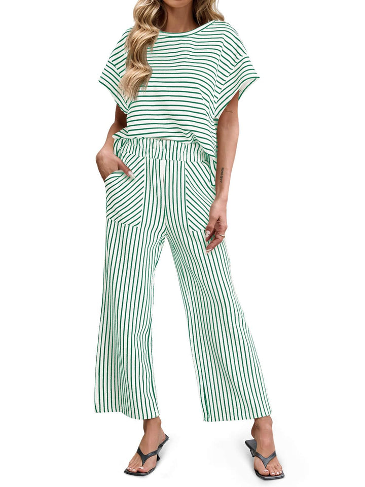 Bea | Two-Piece Striped Set Short Sleeve T-Shirt and Wide Pants