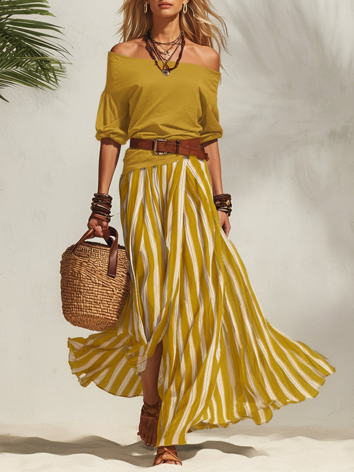 Livia | Elegant Vacation Set Off-the-Shoulder & Striped Skirt