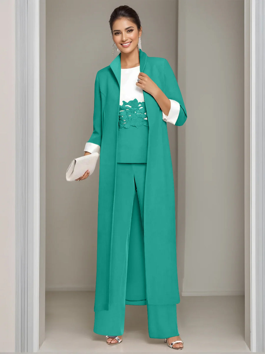 3 Pieces Square-Neck Ankle Length Mother of the Bride Pantsuits with Jacket & Appliques Lace