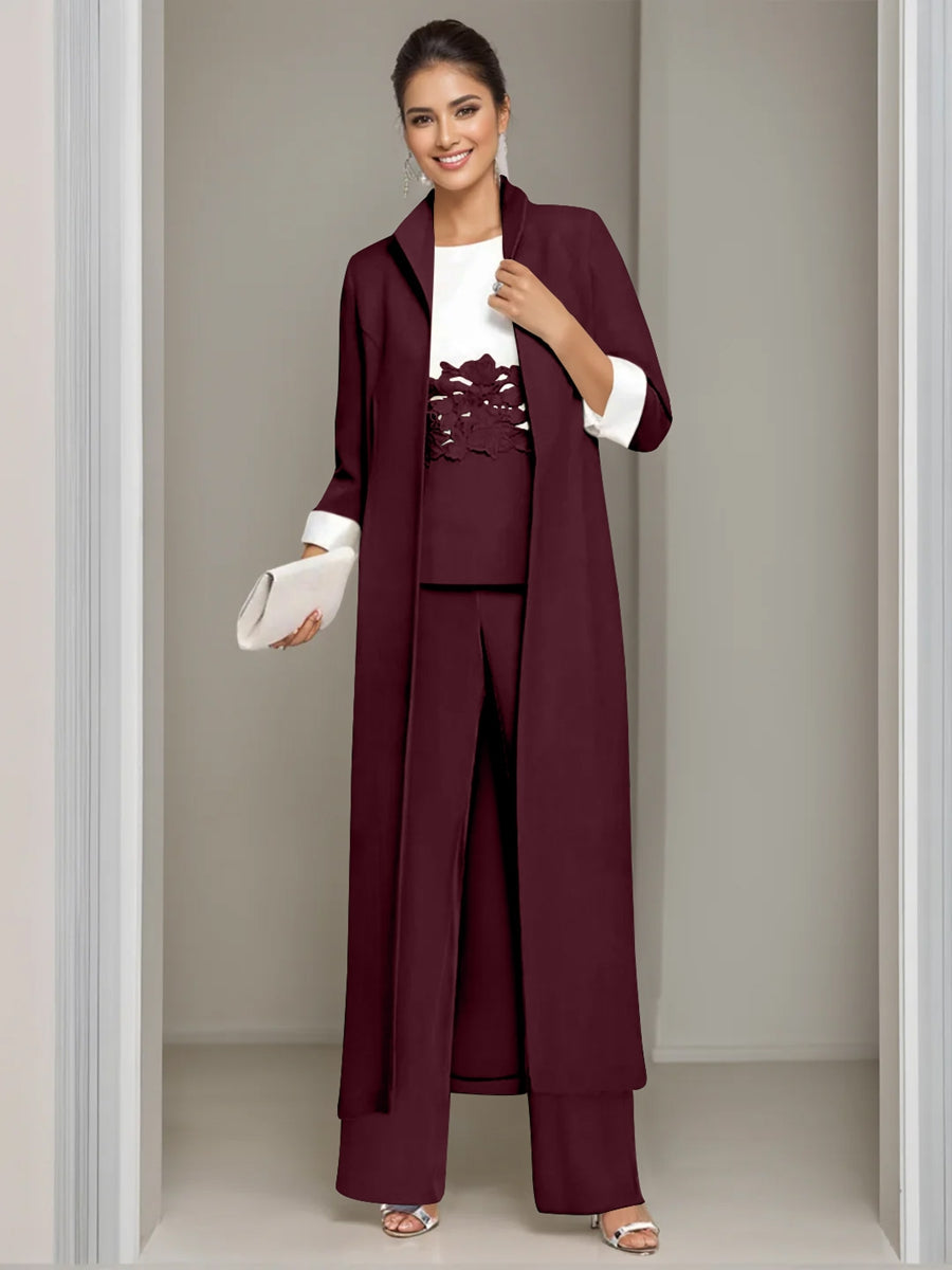 3 Pieces Square-Neck Ankle Length Mother of the Bride Pantsuits with Jacket & Appliques Lace