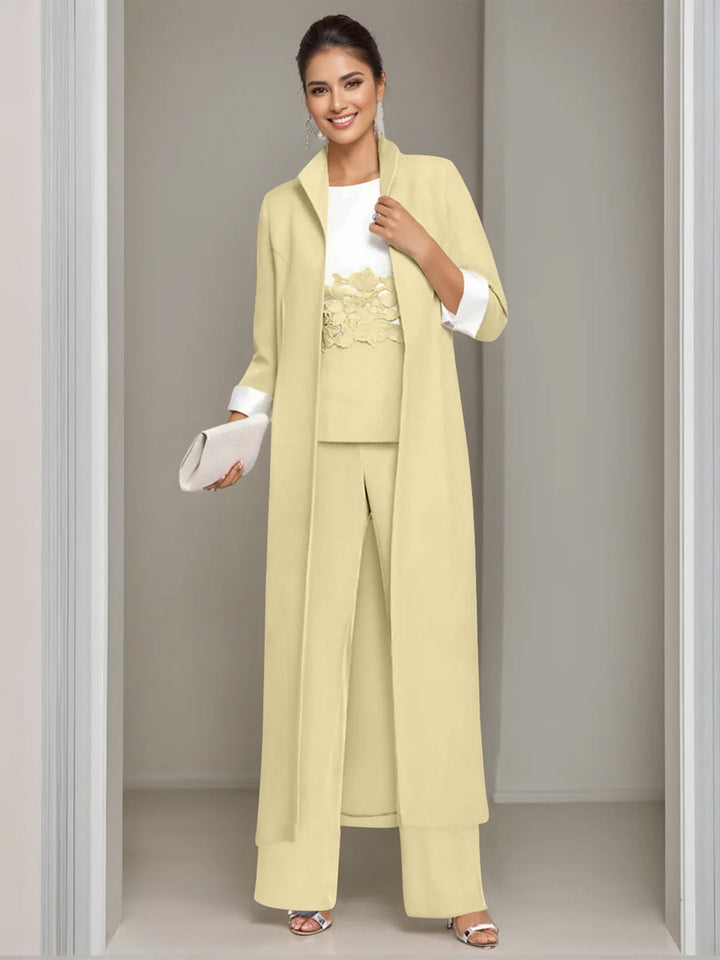 3 Pieces Square-Neck Ankle Length Mother of the Bride Pantsuits with Jacket & Appliques Lace
