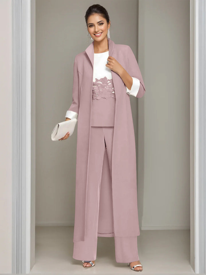 3 Pieces Square-Neck Ankle Length Mother of the Bride Pantsuits with Jacket & Appliques Lace