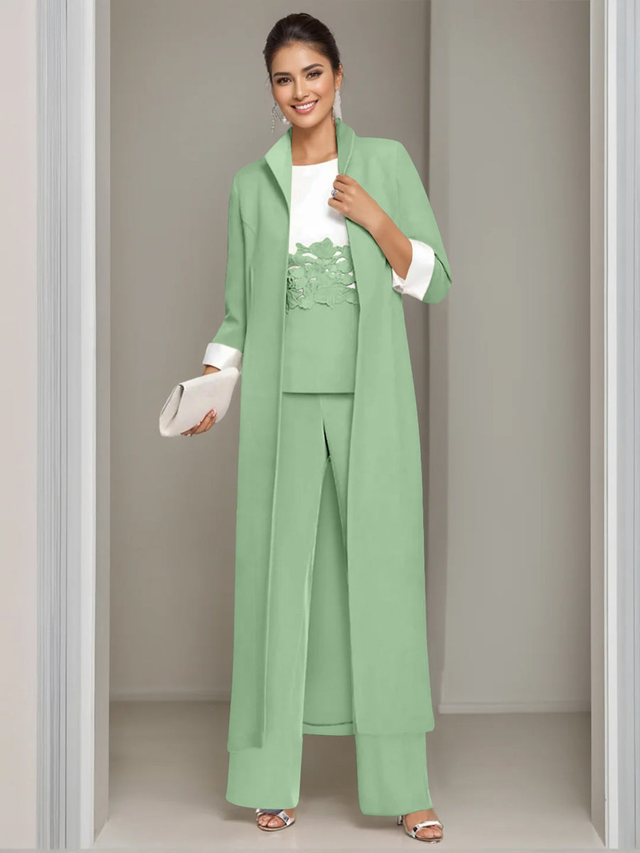 3 Pieces Square-Neck Ankle Length Mother of the Bride Pantsuits with Jacket & Appliques Lace