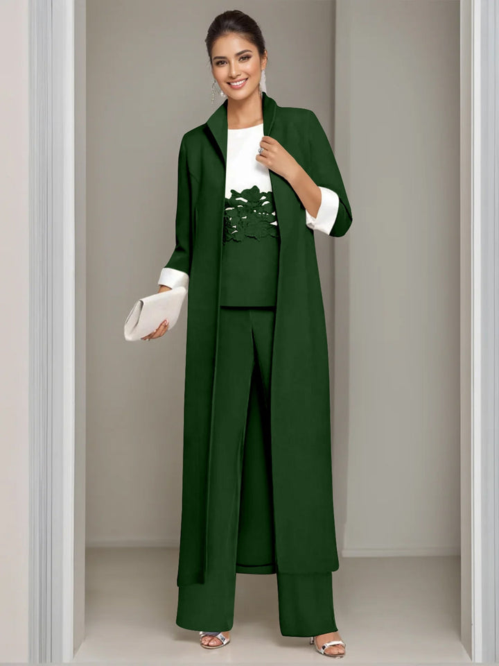 3 Pieces Square-Neck Ankle Length Mother of the Bride Pantsuits with Jacket & Appliques Lace