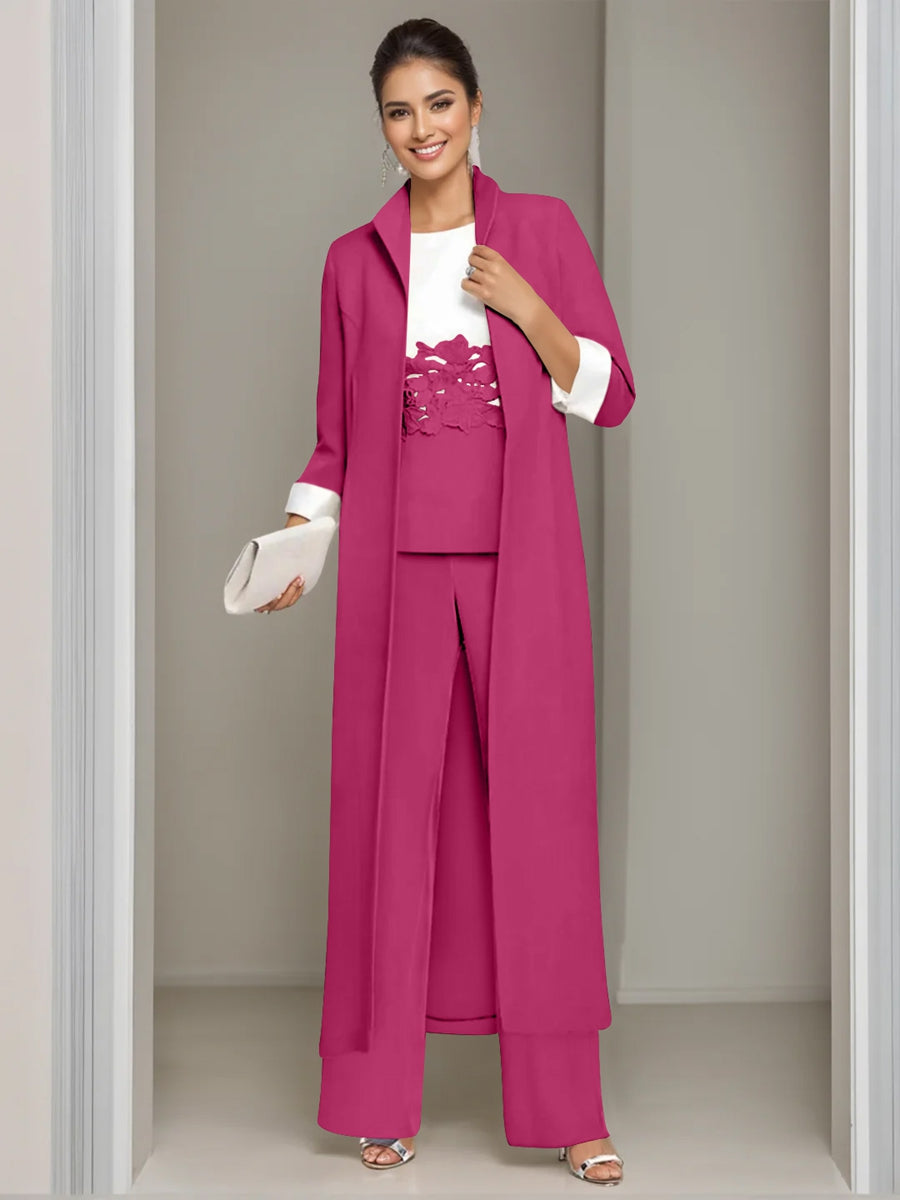 3 Pieces Square-Neck Ankle Length Mother of the Bride Pantsuits with Jacket & Appliques Lace