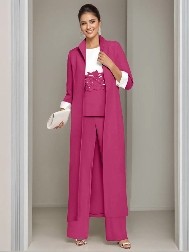 3 Pieces Square-Neck Ankle Length Mother of the Bride Pantsuits with Jacket & Appliques Lace