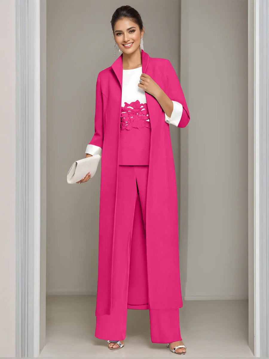 3 Pieces Square-Neck Ankle Length Mother of the Bride Pantsuits with Jacket & Appliques Lace