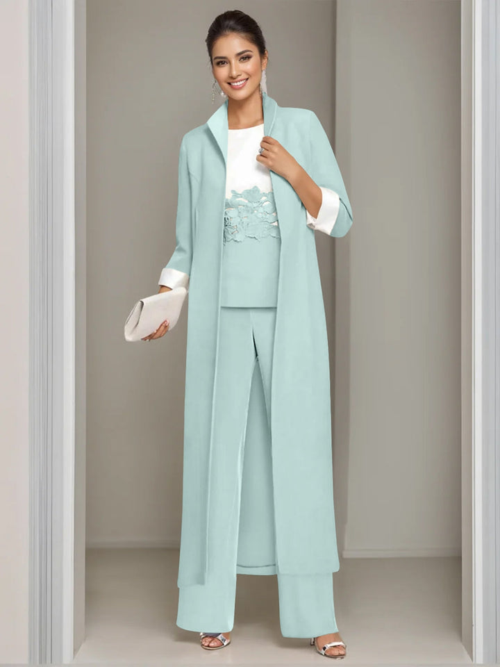 3 Pieces Square-Neck Ankle Length Mother of the Bride Pantsuits with Jacket & Appliques Lace