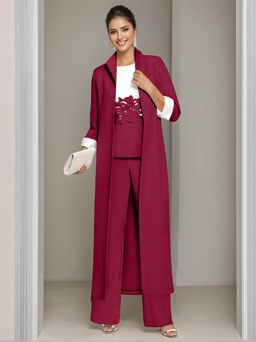 3 Pieces Square-Neck Ankle Length Mother of the Bride Pantsuits with Jacket & Appliques Lace