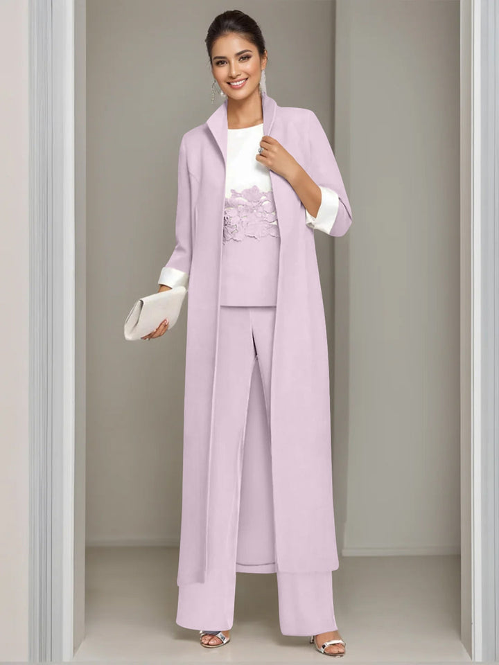 3 Pieces Square-Neck Ankle Length Mother of the Bride Pantsuits with Jacket & Appliques Lace