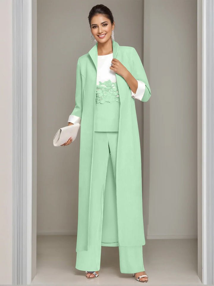 3 Pieces Square-Neck Ankle Length Mother of the Bride Pantsuits with Jacket & Appliques Lace