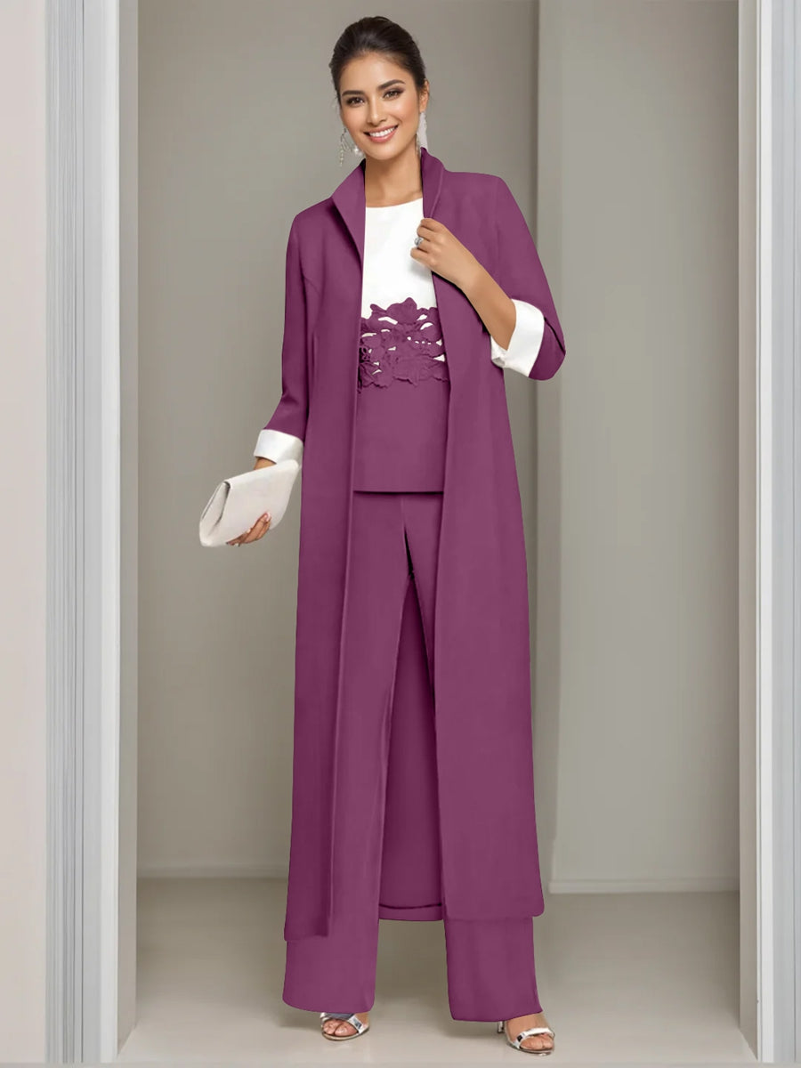 3 Pieces Square-Neck Ankle Length Mother of the Bride Pantsuits with Jacket & Appliques Lace