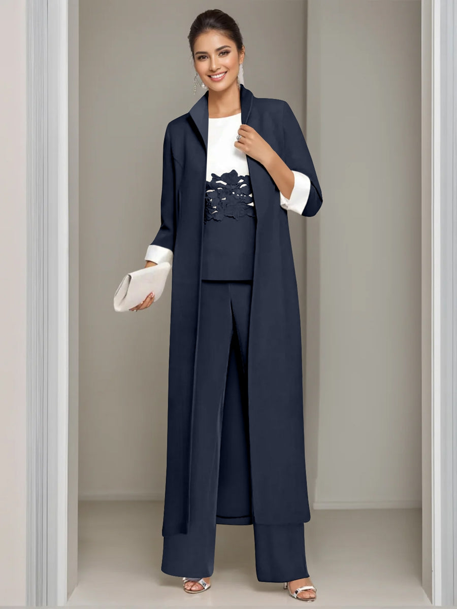 3 Pieces Square-Neck Ankle Length Mother of the Bride Pantsuits with Jacket & Appliques Lace