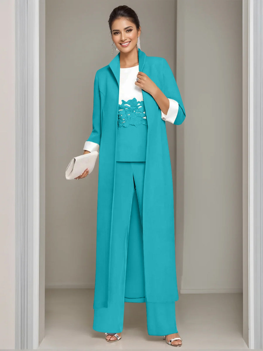 3 Pieces Square-Neck Ankle Length Mother of the Bride Pantsuits with Jacket & Appliques Lace