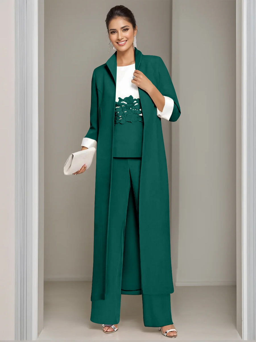 3 Pieces Square-Neck Ankle Length Mother of the Bride Pantsuits with Jacket & Appliques Lace