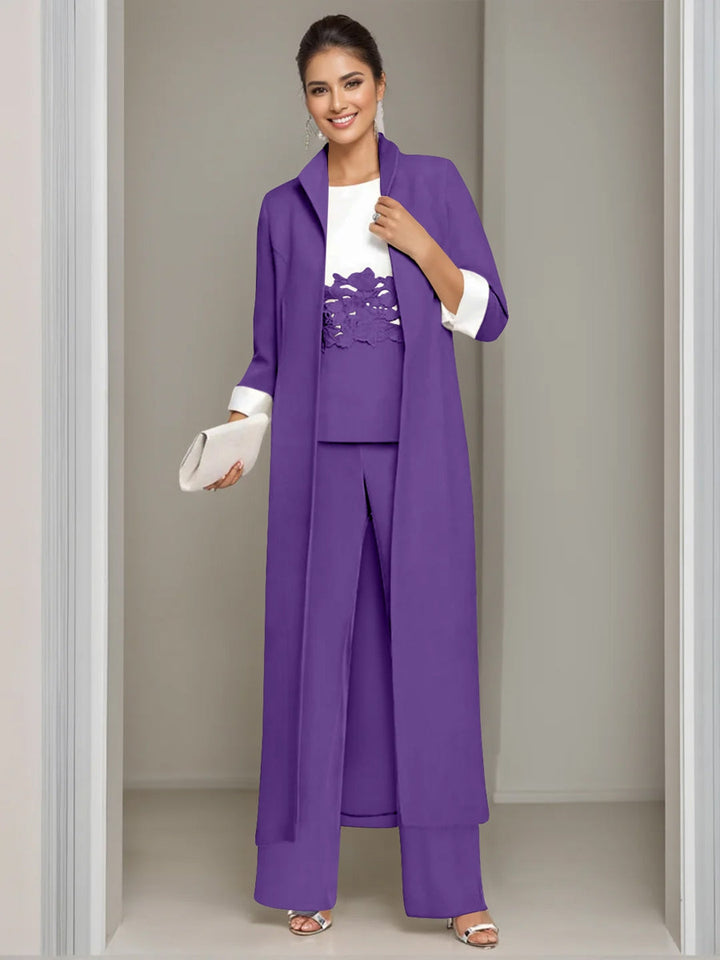 3 Pieces Square-Neck Ankle Length Mother of the Bride Pantsuits with Jacket & Appliques Lace