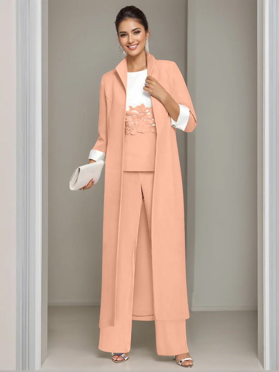 3 Pieces Square-Neck Ankle Length Mother of the Bride Pantsuits with Jacket & Appliques Lace