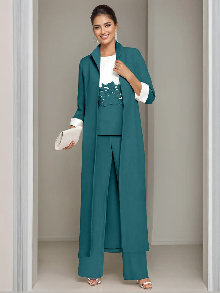 3 Pieces Square-Neck Ankle Length Mother of the Bride Pantsuits with Jacket & Appliques Lace