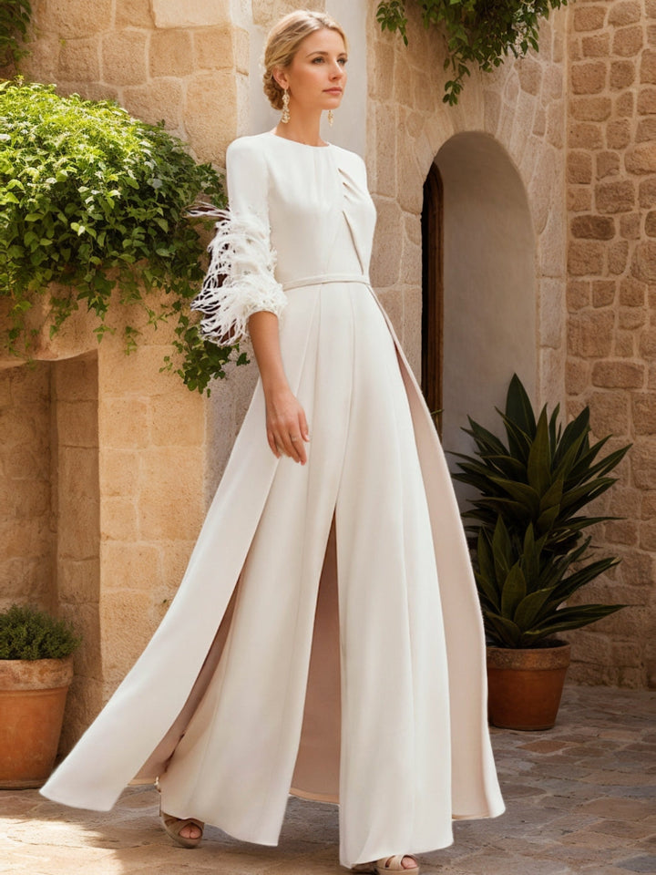 Jewel Neck Half Sleeves Ankle-Length Mother Of The Bride Jumpsuits With Feathers