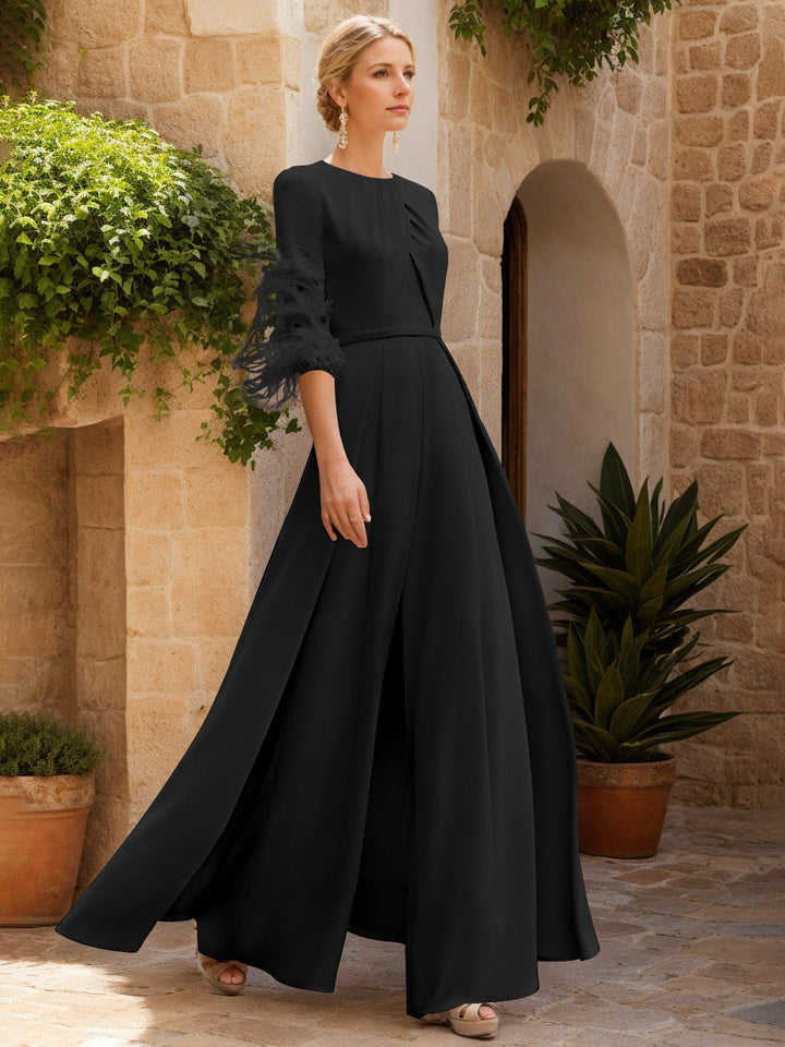 Jewel Neck Half Sleeves Ankle-Length Mother Of The Bride Jumpsuits With Feathers