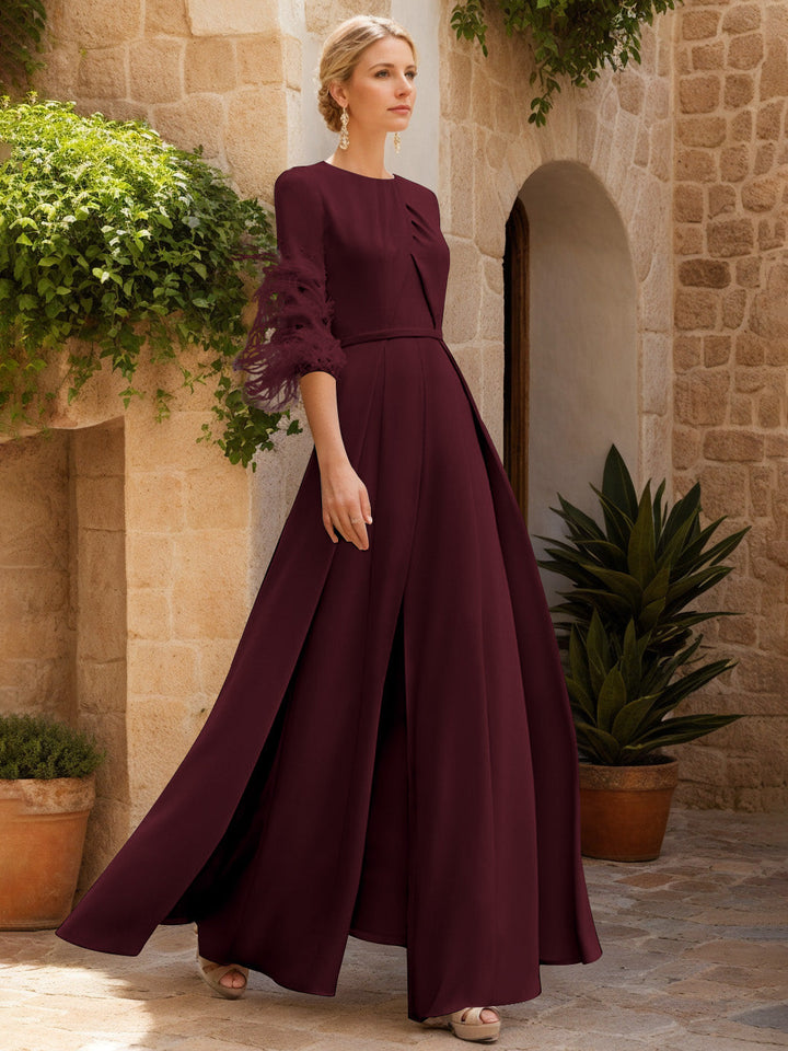 Jewel Neck Half Sleeves Ankle-Length Mother Of The Bride Jumpsuits With Feathers