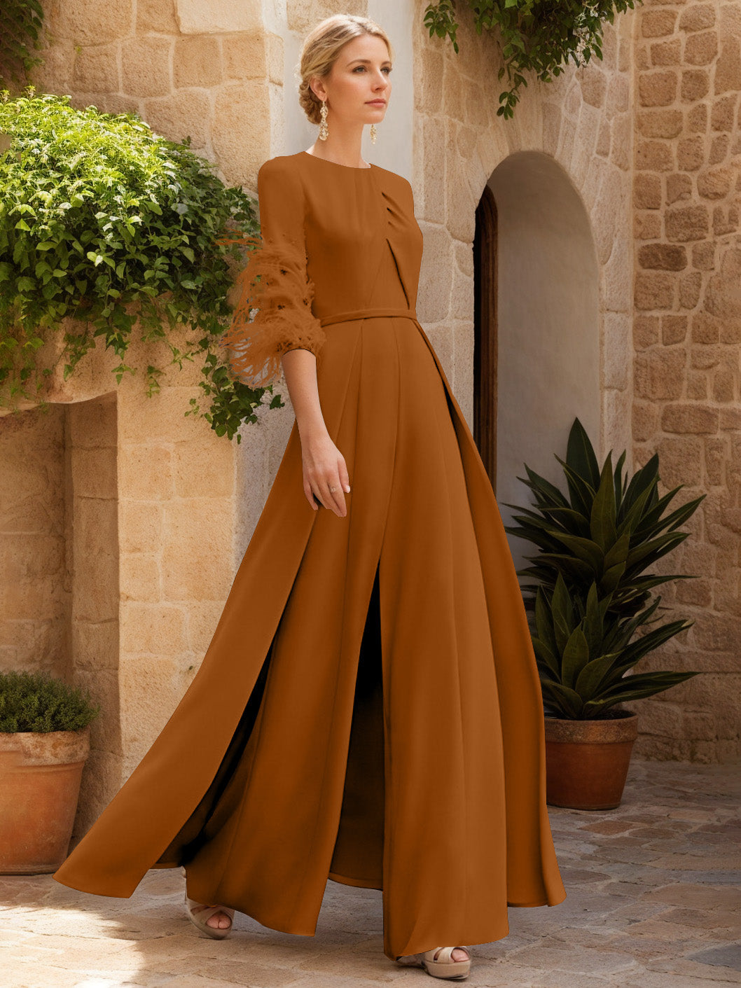 Jewel Neck Half Sleeves Ankle-Length Mother Of The Bride Jumpsuits With Feathers