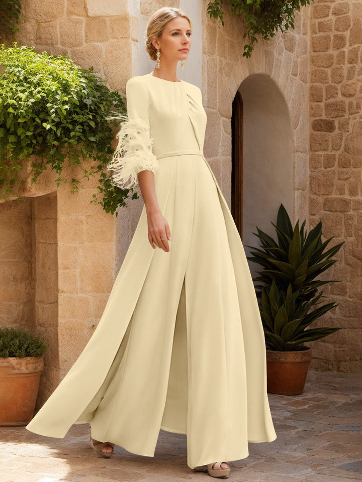 Jewel Neck Half Sleeves Ankle-Length Mother Of The Bride Jumpsuits With Feathers