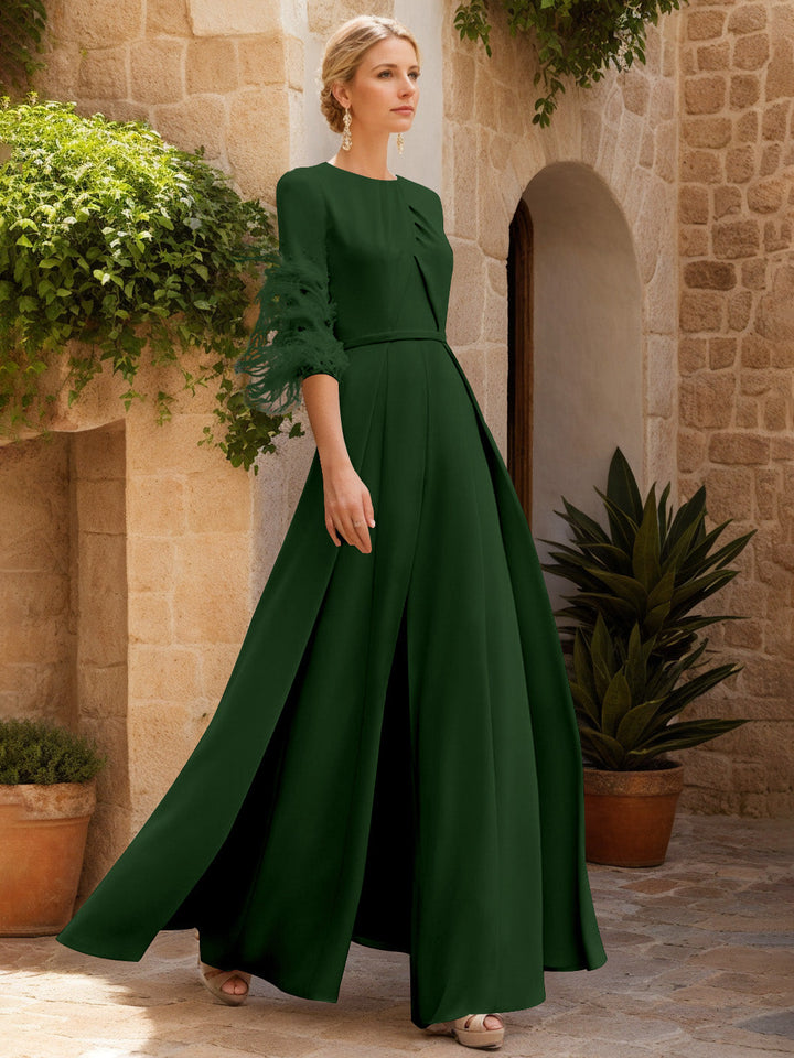 Jewel Neck Half Sleeves Ankle-Length Mother Of The Bride Jumpsuits With Feathers
