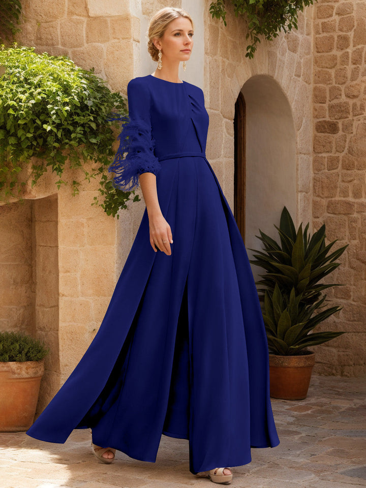Jewel Neck Half Sleeves Ankle-Length Mother Of The Bride Jumpsuits With Feathers