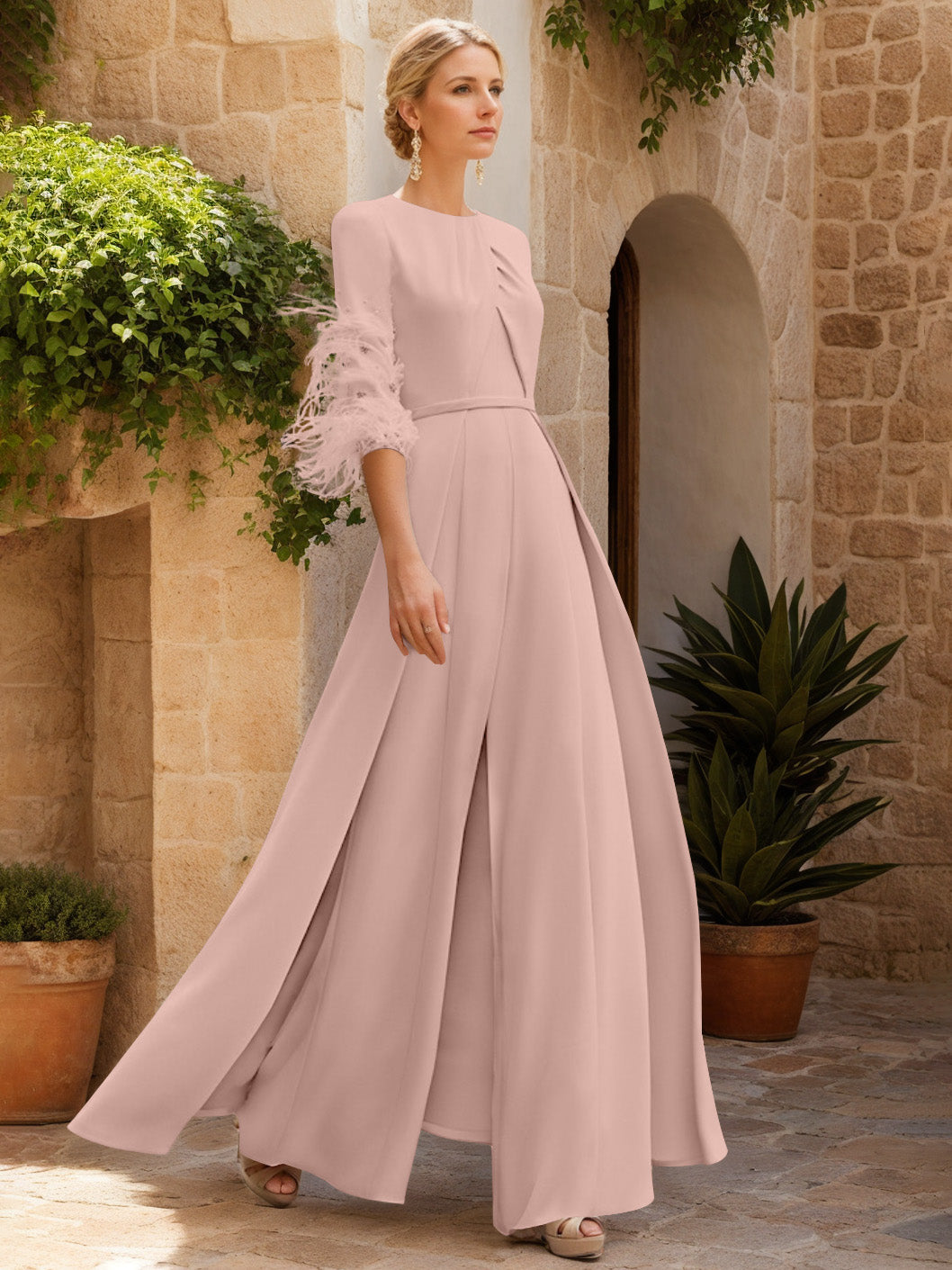 Jewel Neck Half Sleeves Ankle-Length Mother Of The Bride Jumpsuits With Feathers