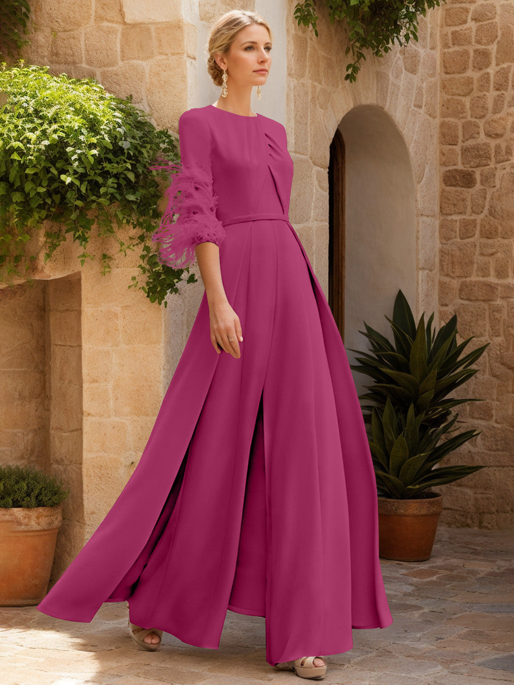 Jewel Neck Half Sleeves Ankle-Length Mother Of The Bride Jumpsuits With Feathers