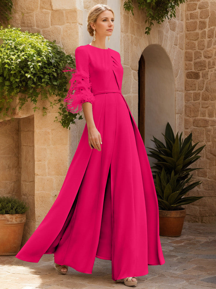 Jewel Neck Half Sleeves Ankle-Length Mother Of The Bride Jumpsuits With Feathers