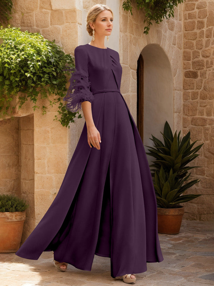 Jewel Neck Half Sleeves Ankle-Length Mother Of The Bride Jumpsuits With Feathers
