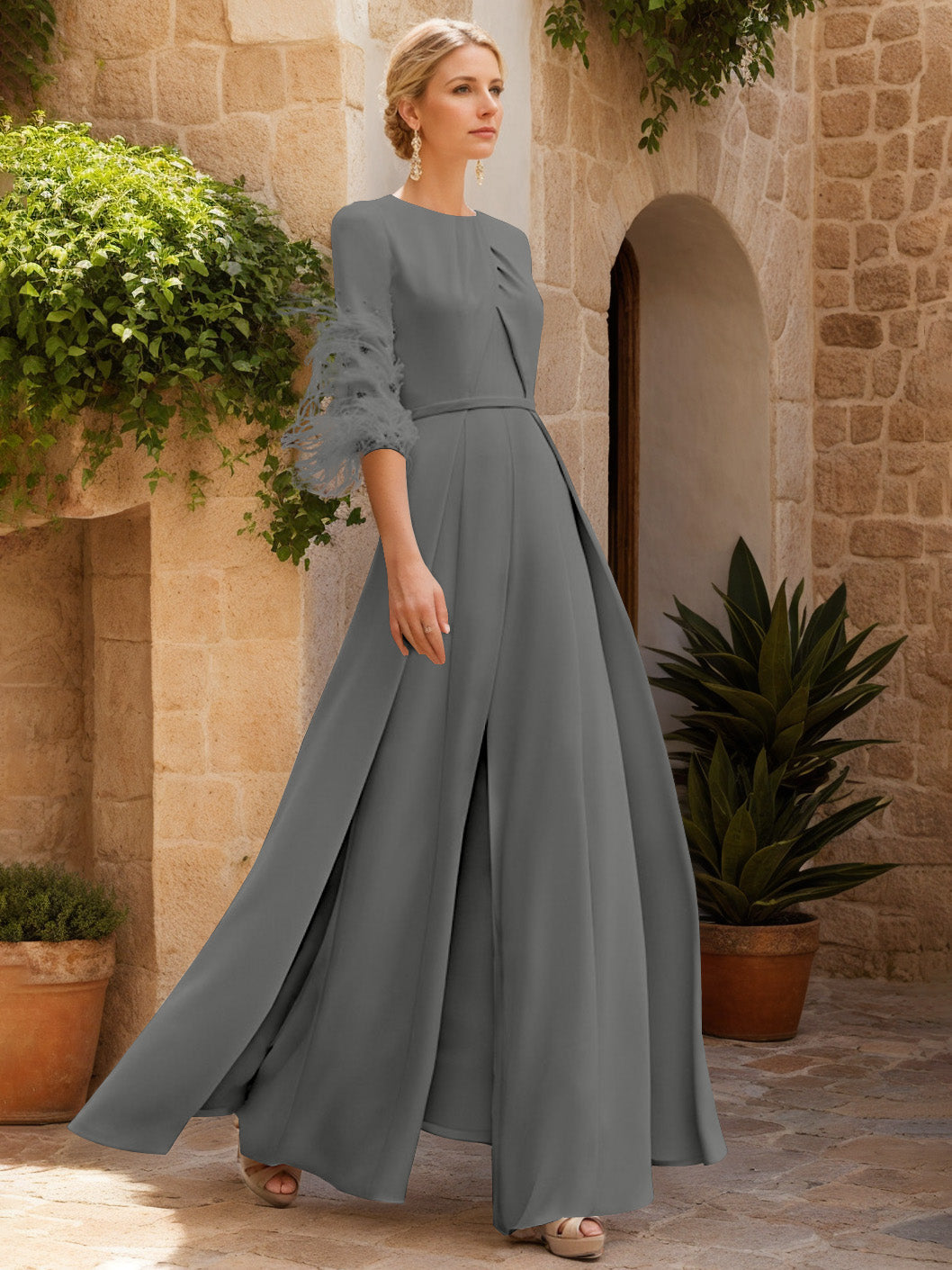 Jewel Neck Half Sleeves Ankle-Length Mother Of The Bride Jumpsuits With Feathers