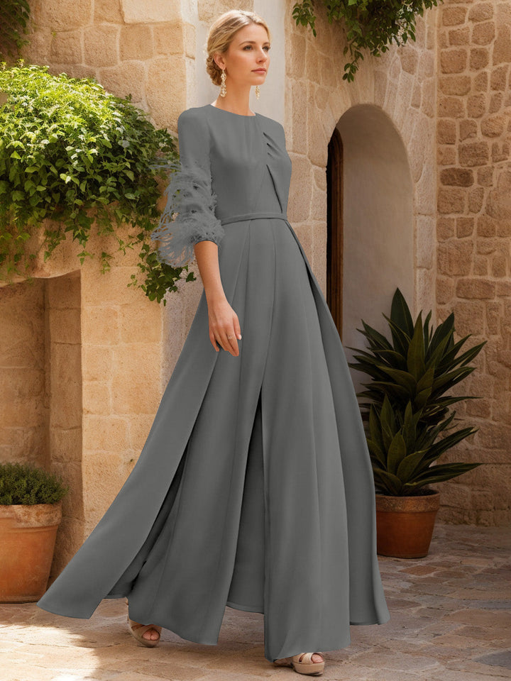 Jewel Neck Half Sleeves Ankle-Length Mother Of The Bride Jumpsuits With Feathers