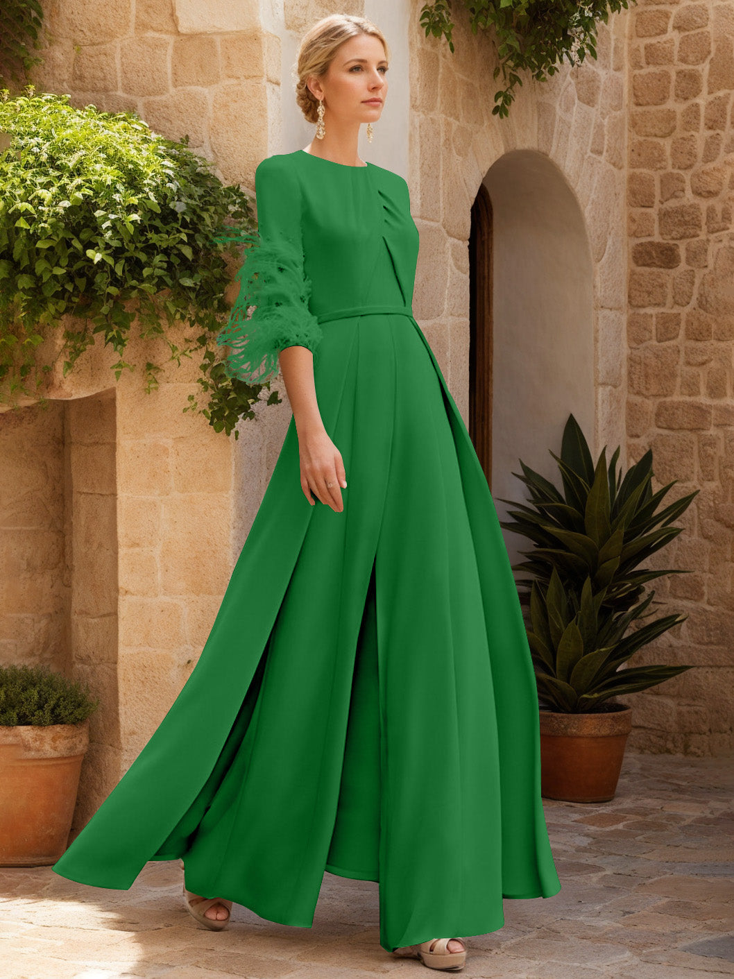 Jewel Neck Half Sleeves Ankle-Length Mother Of The Bride Jumpsuits With Feathers
