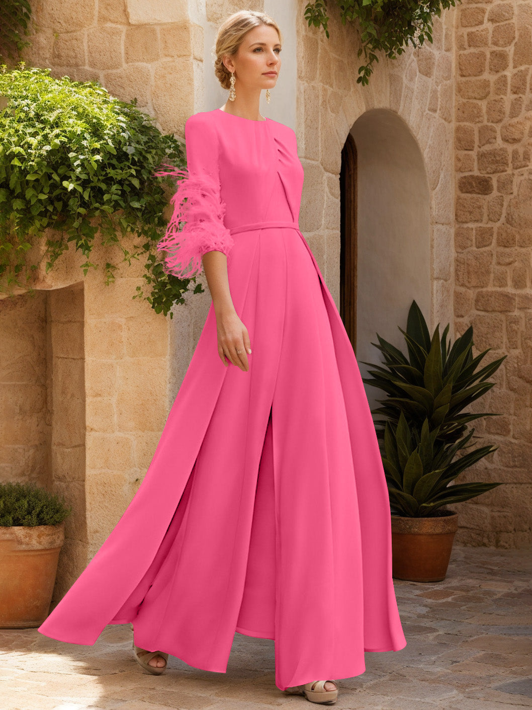 Jewel Neck Half Sleeves Ankle-Length Mother Of The Bride Jumpsuits With Feathers