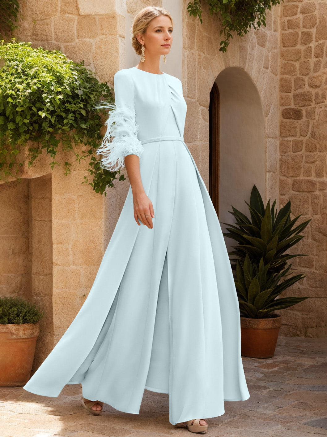 Jewel Neck Half Sleeves Ankle-Length Mother Of The Bride Jumpsuits With Feathers