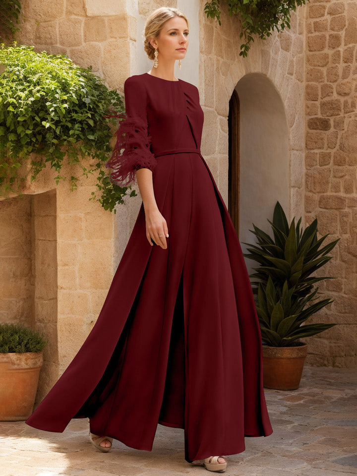 Jewel Neck Half Sleeves Ankle-Length Mother Of The Bride Jumpsuits With Feathers