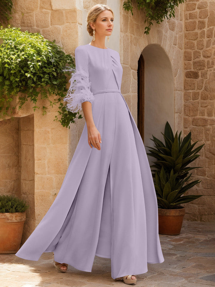 Jewel Neck Half Sleeves Ankle-Length Mother Of The Bride Jumpsuits With Feathers