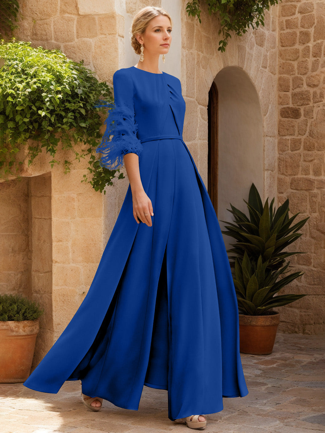 Jewel Neck Half Sleeves Ankle-Length Mother Of The Bride Jumpsuits With Feathers