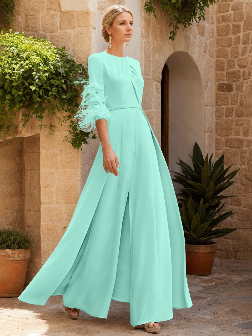 Jewel Neck Half Sleeves Ankle-Length Mother Of The Bride Jumpsuits With Feathers