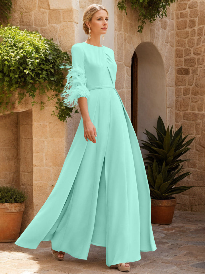 Jewel Neck Half Sleeves Ankle-Length Mother Of The Bride Jumpsuits With Feathers