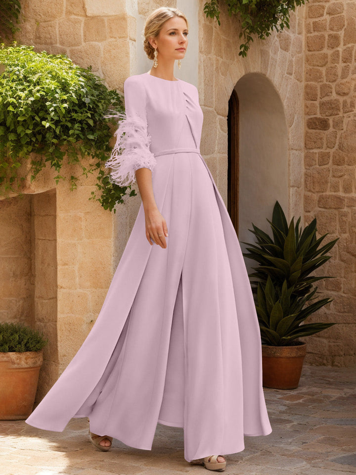 Jewel Neck Half Sleeves Ankle-Length Mother Of The Bride Jumpsuits With Feathers
