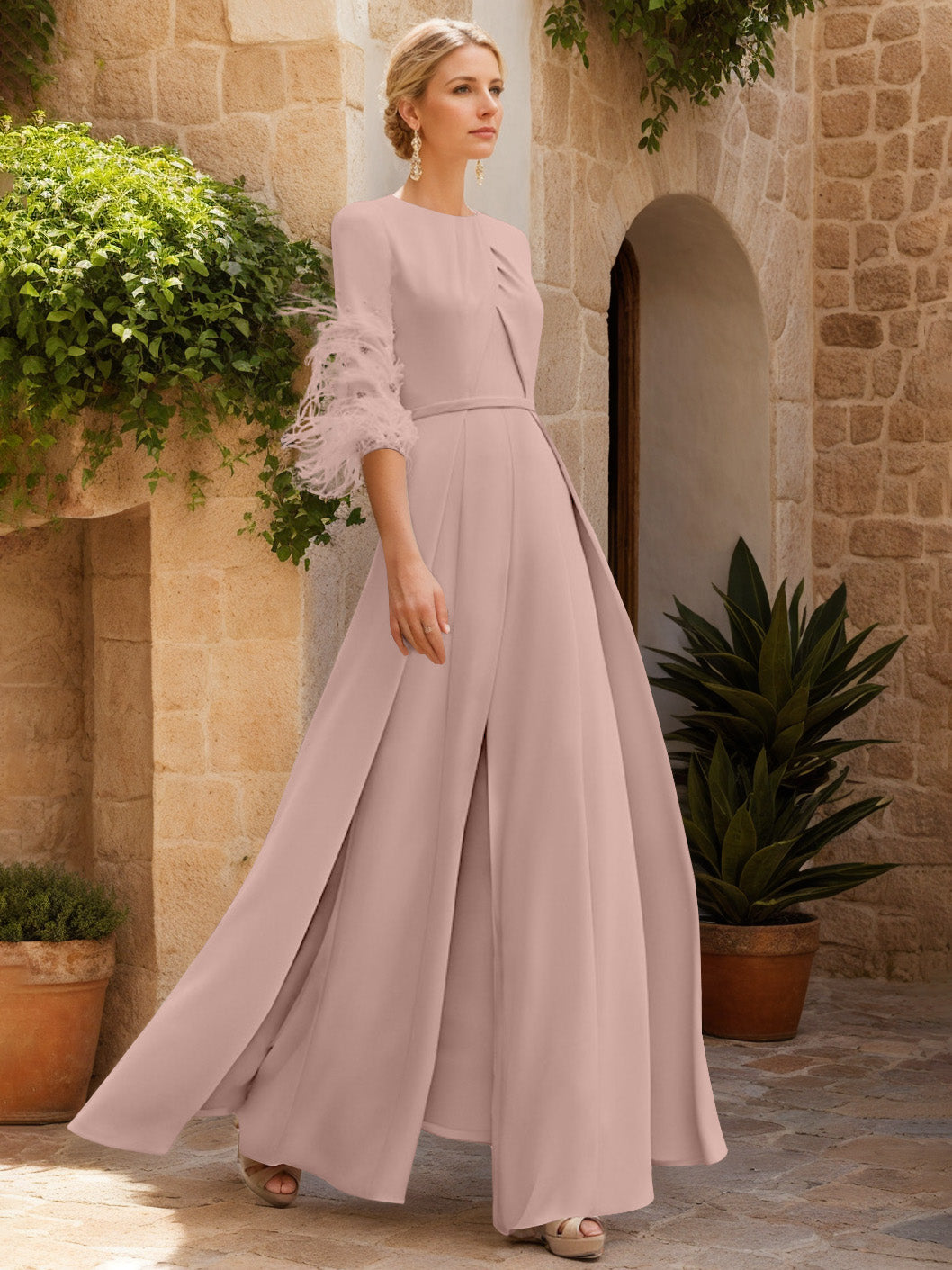 Jewel Neck Half Sleeves Ankle-Length Mother Of The Bride Jumpsuits With Feathers