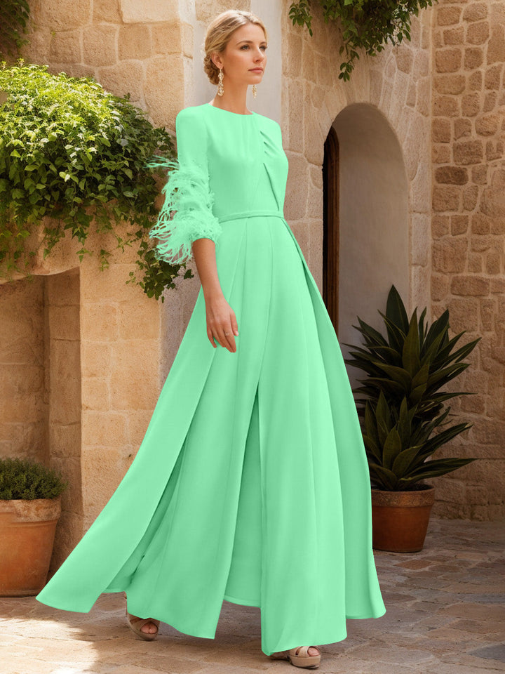 Jewel Neck Half Sleeves Ankle-Length Mother Of The Bride Jumpsuits With Feathers