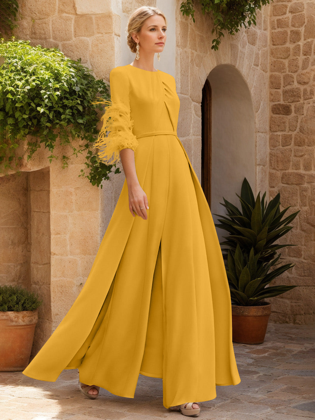 Jewel Neck Half Sleeves Ankle-Length Mother Of The Bride Jumpsuits With Feathers