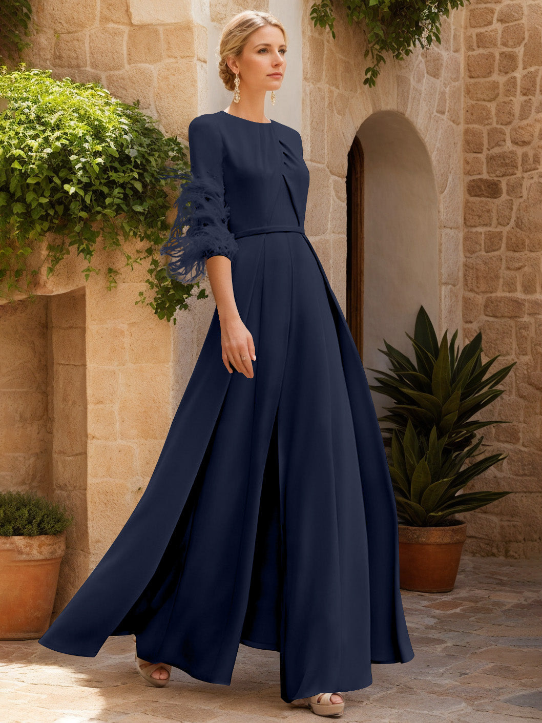 Jewel Neck Half Sleeves Ankle-Length Mother Of The Bride Jumpsuits With Feathers