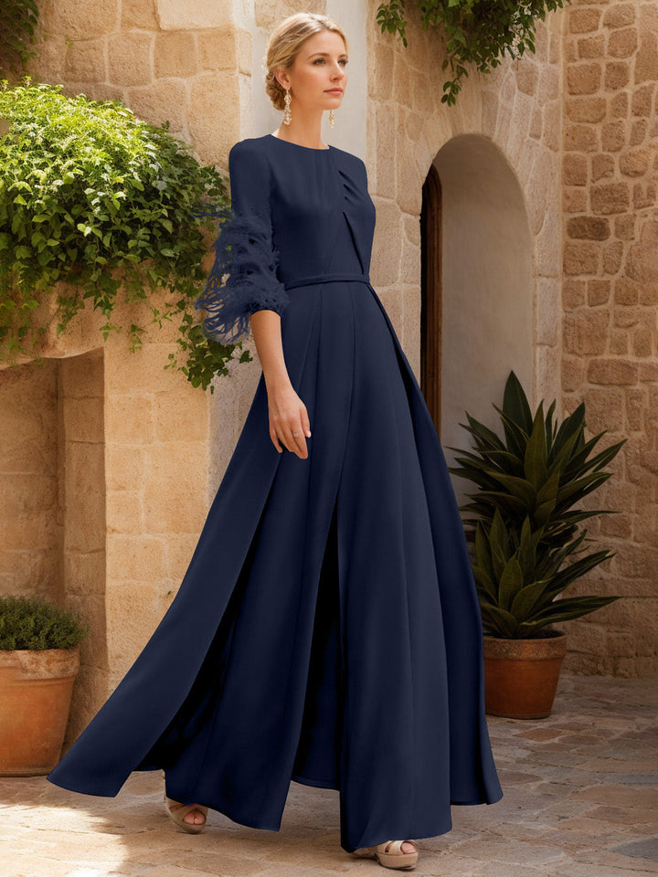 Jewel Neck Half Sleeves Ankle-Length Mother Of The Bride Jumpsuits With Feathers