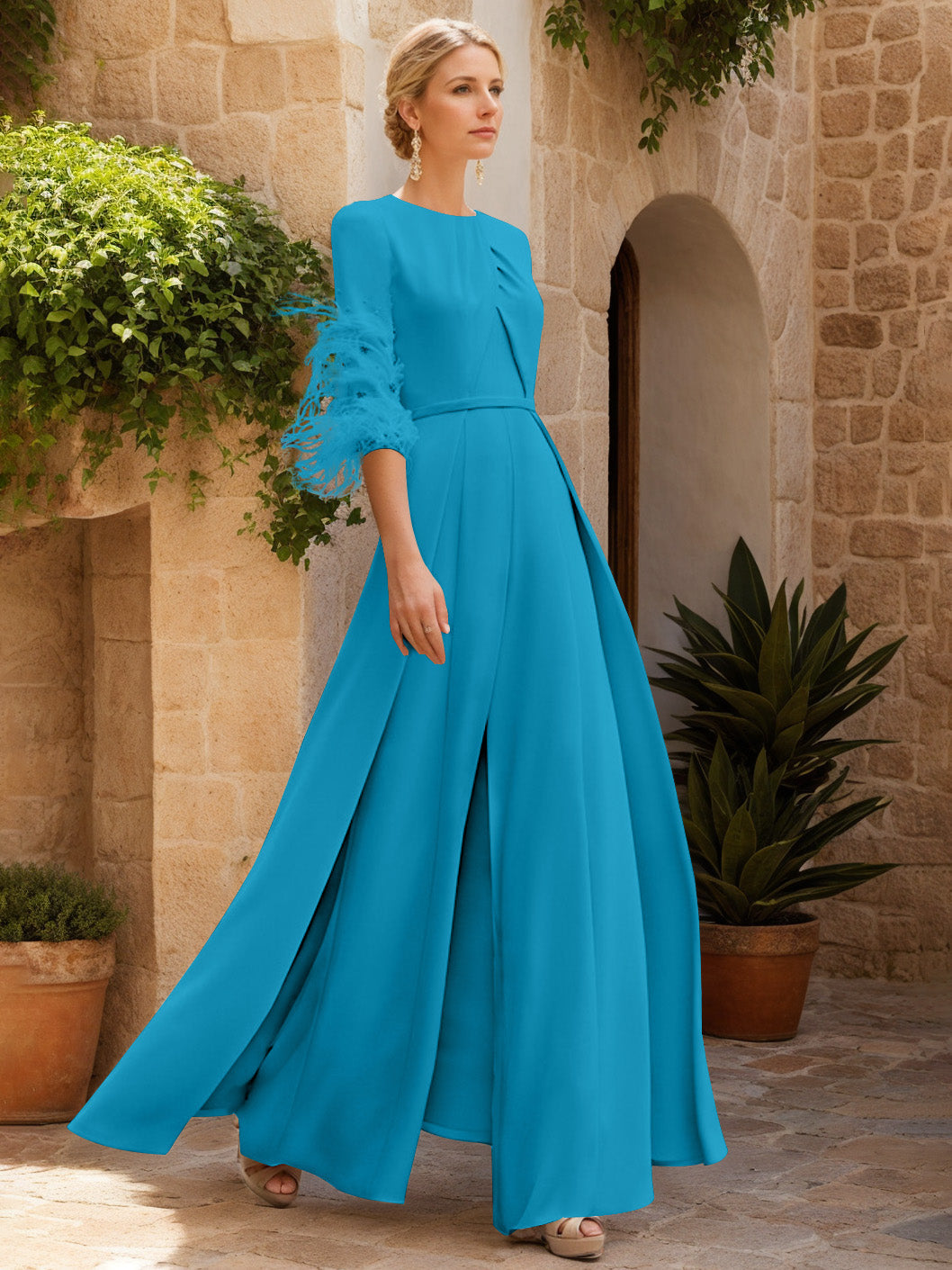 Jewel Neck Half Sleeves Ankle-Length Mother Of The Bride Jumpsuits With Feathers